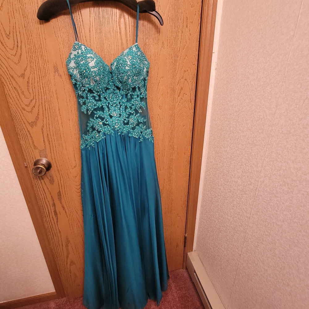 La Femme Turquoise Lace Prom Dress